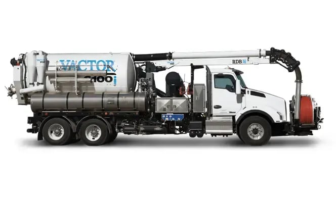 Vactor 2100i combination sewer cleaner with background removed, showcasing its debris tank, water system, and vacuum components designed for sewer maintenance operations.